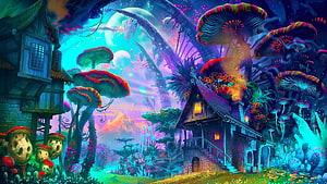 Vibrant Fantasy Forest with Giant Mushrooms and Whimsical Cottages HD wallpaper