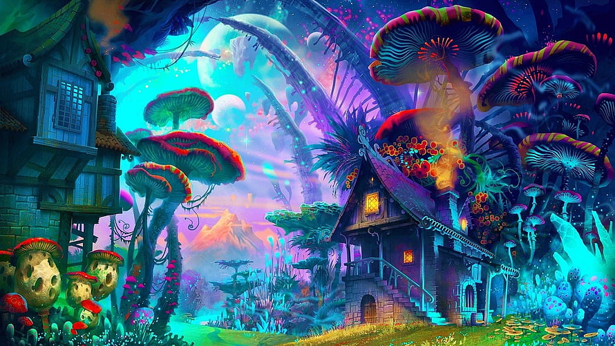 Vibrant Fantasy Forest with Giant Mushrooms and Whimsical Cottages HD wallpaper