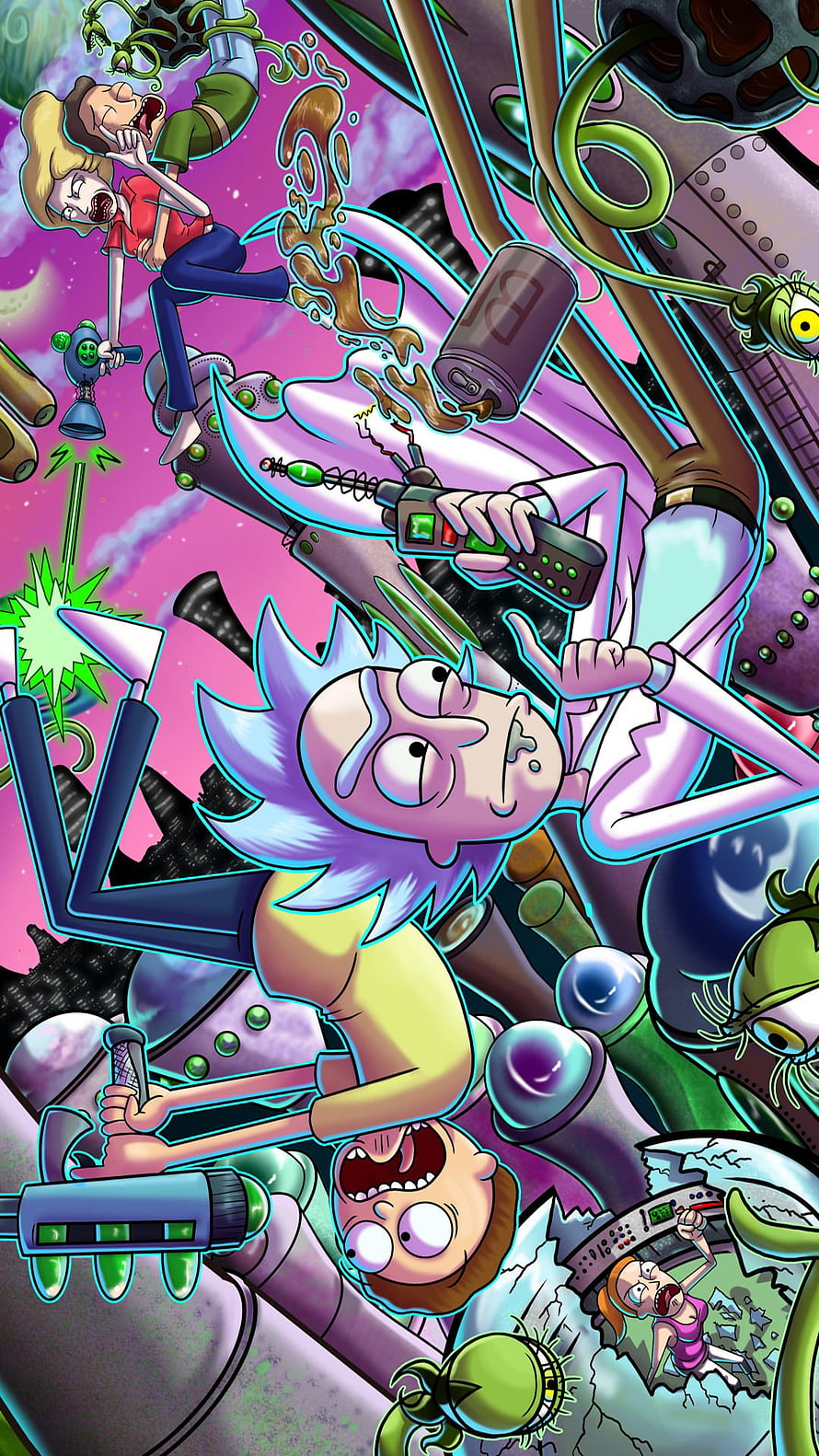Rick and Morty Chaotic Sci-Fi Adventure with Alien Creatures and Futuristic Gadgets HD phone wallpaper
