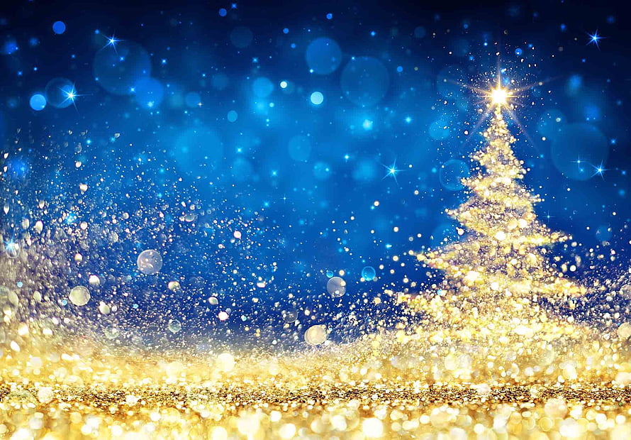 Golden Sparkling Christmas Tree with Glittering Dust on a Deep Blue Background HD wallpaper