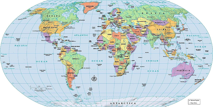 Detailed Political World Map Showing All Countries, Capitals, and Oceans HD wallpaper