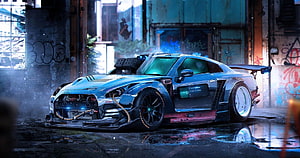 Cyberpunk Nissan GT-R R35 Supercar in Neon-Lit Urban Alley HD wallpaper