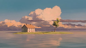 Studio Ghibli Style Watercolor of a Solitary House on a Small Island in Calm Water HD wallpaper