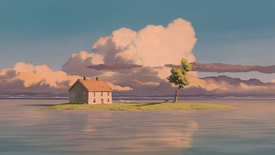Studio Ghibli Style Watercolor of a Solitary House on a Small Island in Calm Water HD wallpaper