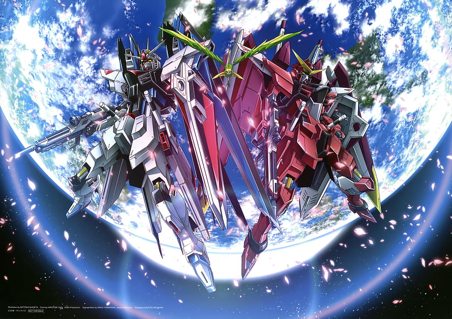 Strike Freedom Gundam and Justice Gundam Floating in Orbit Above Earth HD wallpaper