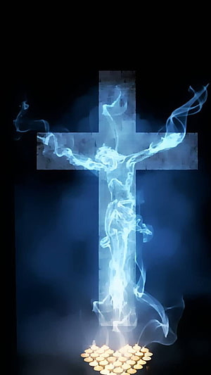 Glowing Blue Smoke Forming a Christian Cross Above a Circle of Lit Candles HD phone wallpaper