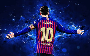 Lionel Messi FC Barcelona Number 10 Jersey Back View With Blue Electric Energy Background HD wallpaper