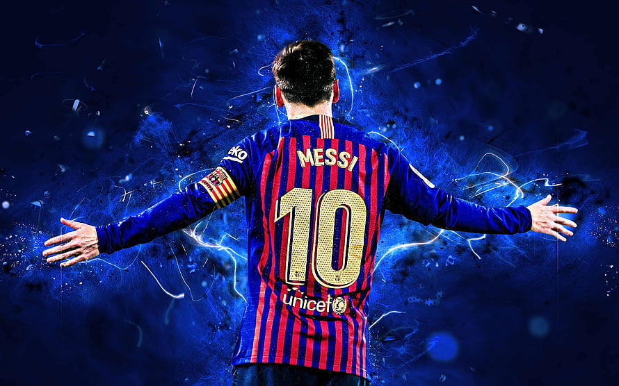 Lionel Messi FC Barcelona Number 10 Jersey Back View With Blue Electric Energy Background HD wallpaper