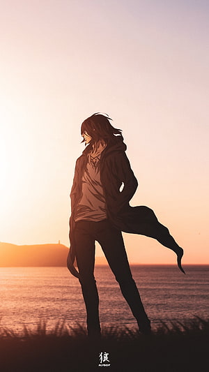 Eren Jaeger from Attack on Titan Standing Silhouetted Against a Warm Ocean Sunset HD phone wallpaper