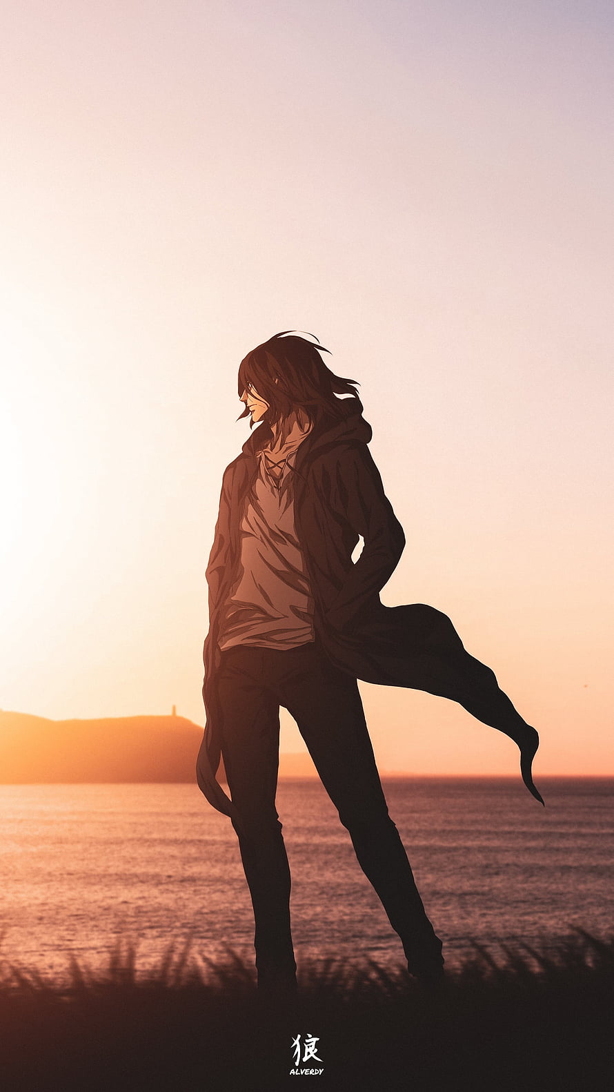 Eren Jaeger from Attack on Titan Standing Silhouetted Against a Warm Ocean Sunset HD phone wallpaper