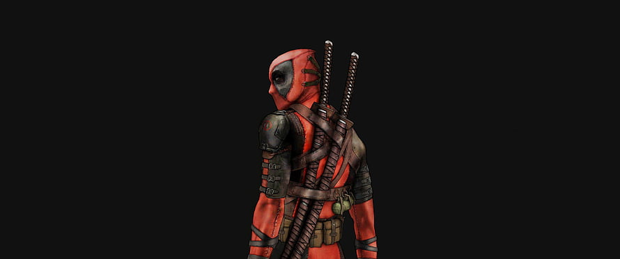 Deadpool 3D Render in Red Suit with Dual Katanas on Black Background HD wallpaper