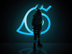 Hatake Kakashi from Naruto Standing Before a Glowing Blue Symbol in a Dark Minimalist Scene HD wallpaper