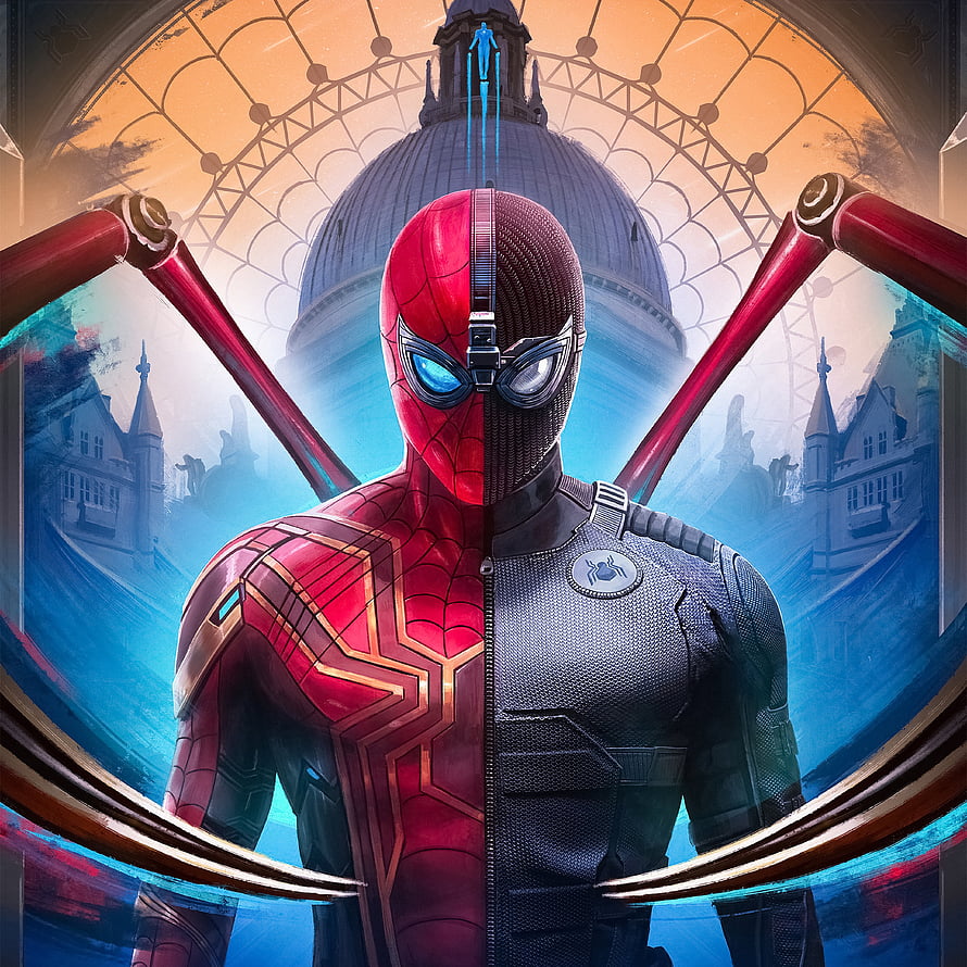 Spider-Man Far From Home Iron Spider and Stealth Suit Split Portrait HD phone wallpaper