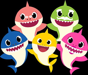Baby Shark Family Group of Five Colorful Cartoon Characters on Black Background HD wallpaper