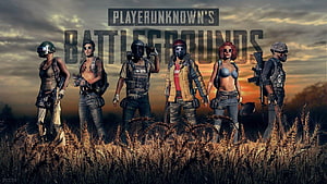 PlayerUnknown's Battlegrounds Character Lineup in Golden Wheat Field at Sunset HD wallpaper