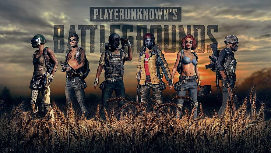 PlayerUnknown's Battlegrounds Character Lineup in Golden Wheat Field at Sunset HD wallpaper