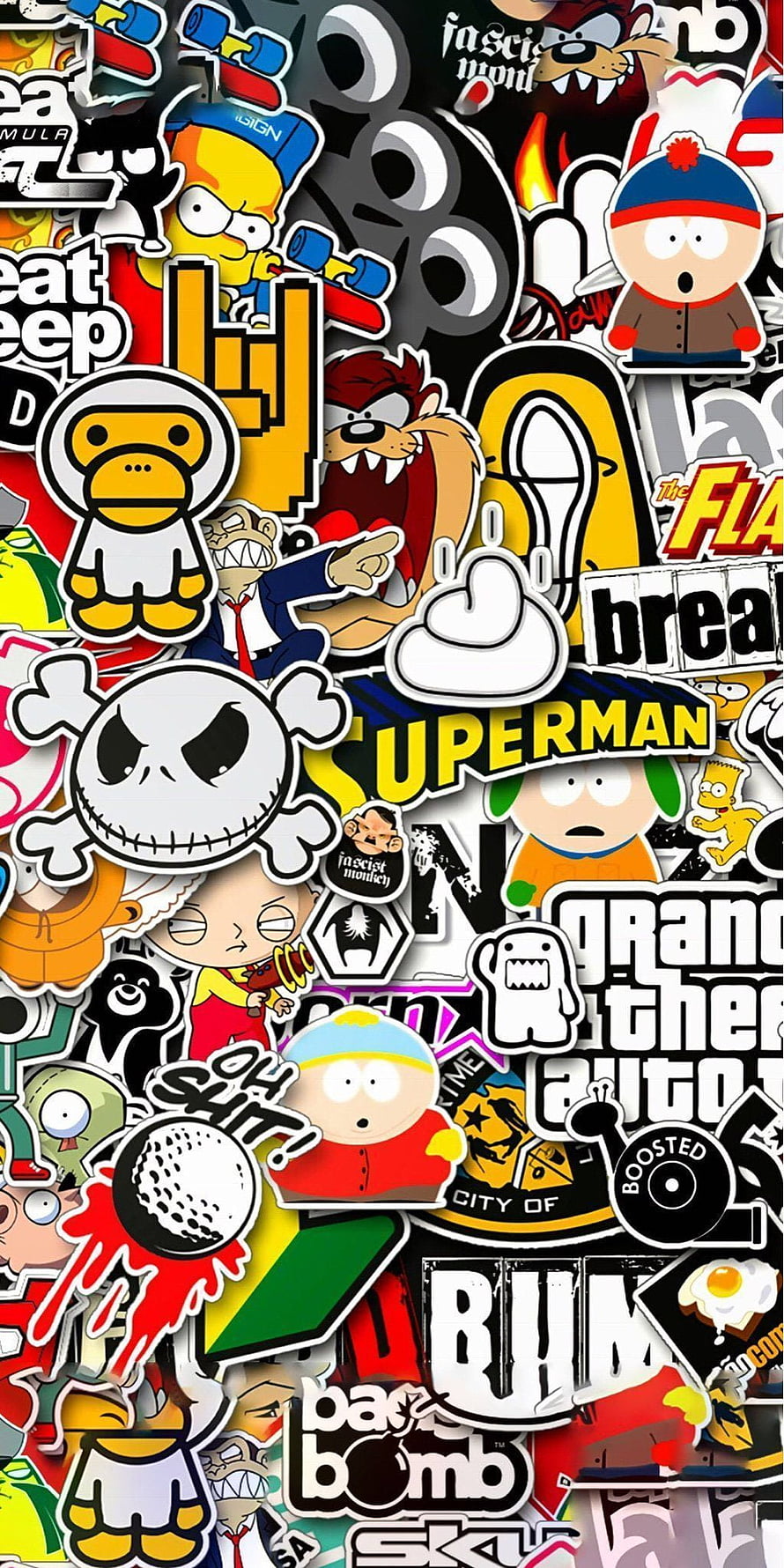 Colorful Sticker Bomb Collage Featuring Cartoon Characters and Pop Culture Logos HD phone wallpaper