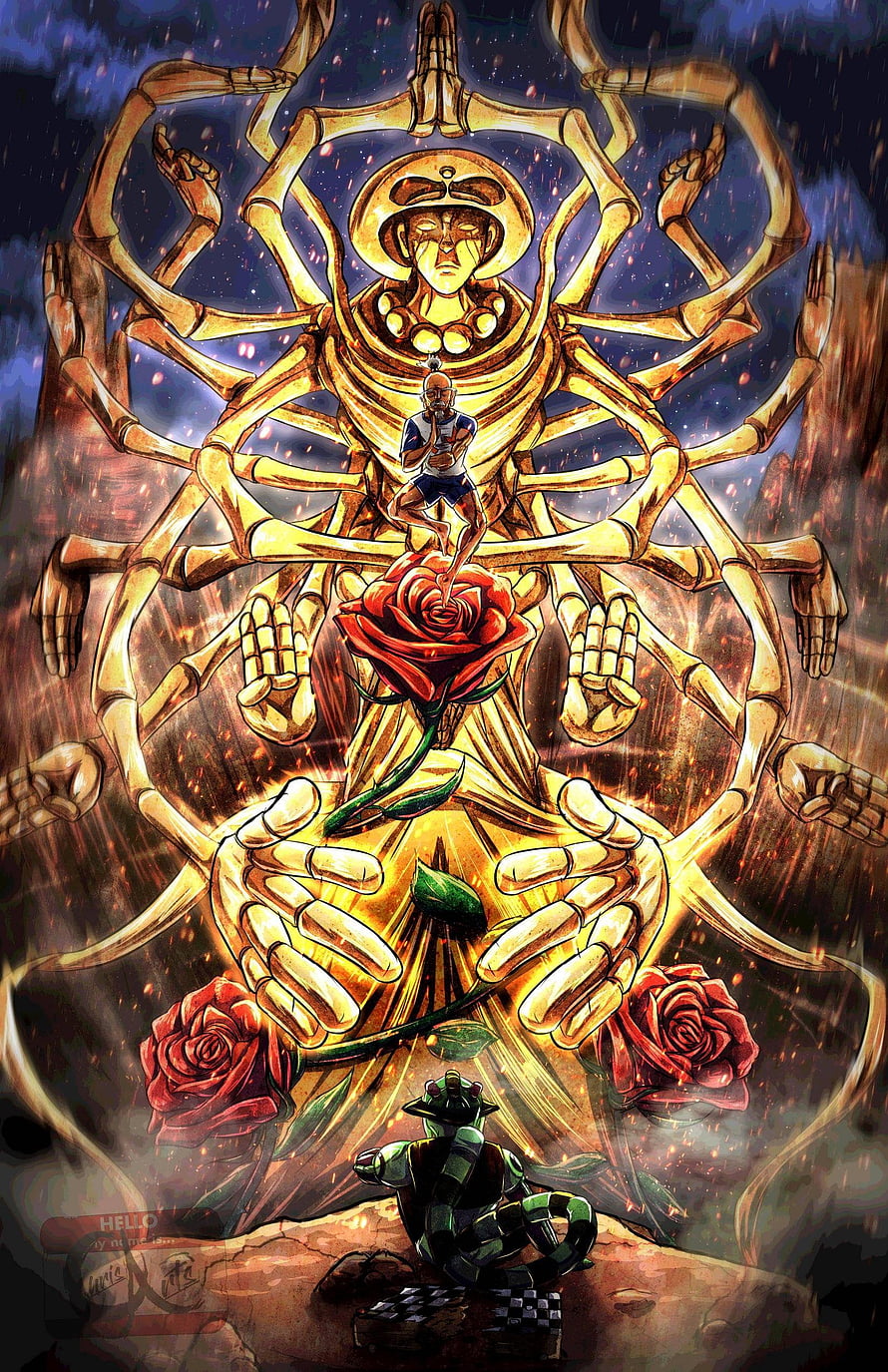 Hunter x Hunter: Chairman Netero and Meruem in a Golden Multi-Armed Divine Pose HD phone wallpaper