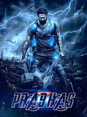 Prabhas as Salaar in a dramatic action scene with lightning and battlefield debris HD phone wallpaper