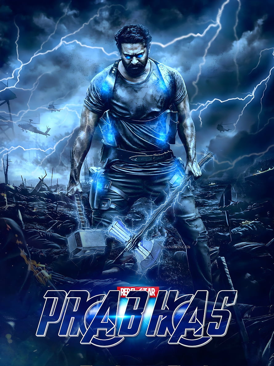 Prabhas as Salaar in a dramatic action scene with lightning and battlefield debris HD phone wallpaper
