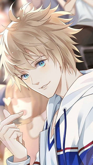 Blond Anime Boy With Blue Eyes Wearing A White And Blue Hoodie HD phone wallpaper