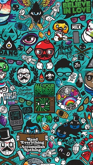 Colorful Doodle Art Wallpaper Featuring Cartoon Characters and Quirky Typography HD phone wallpaper