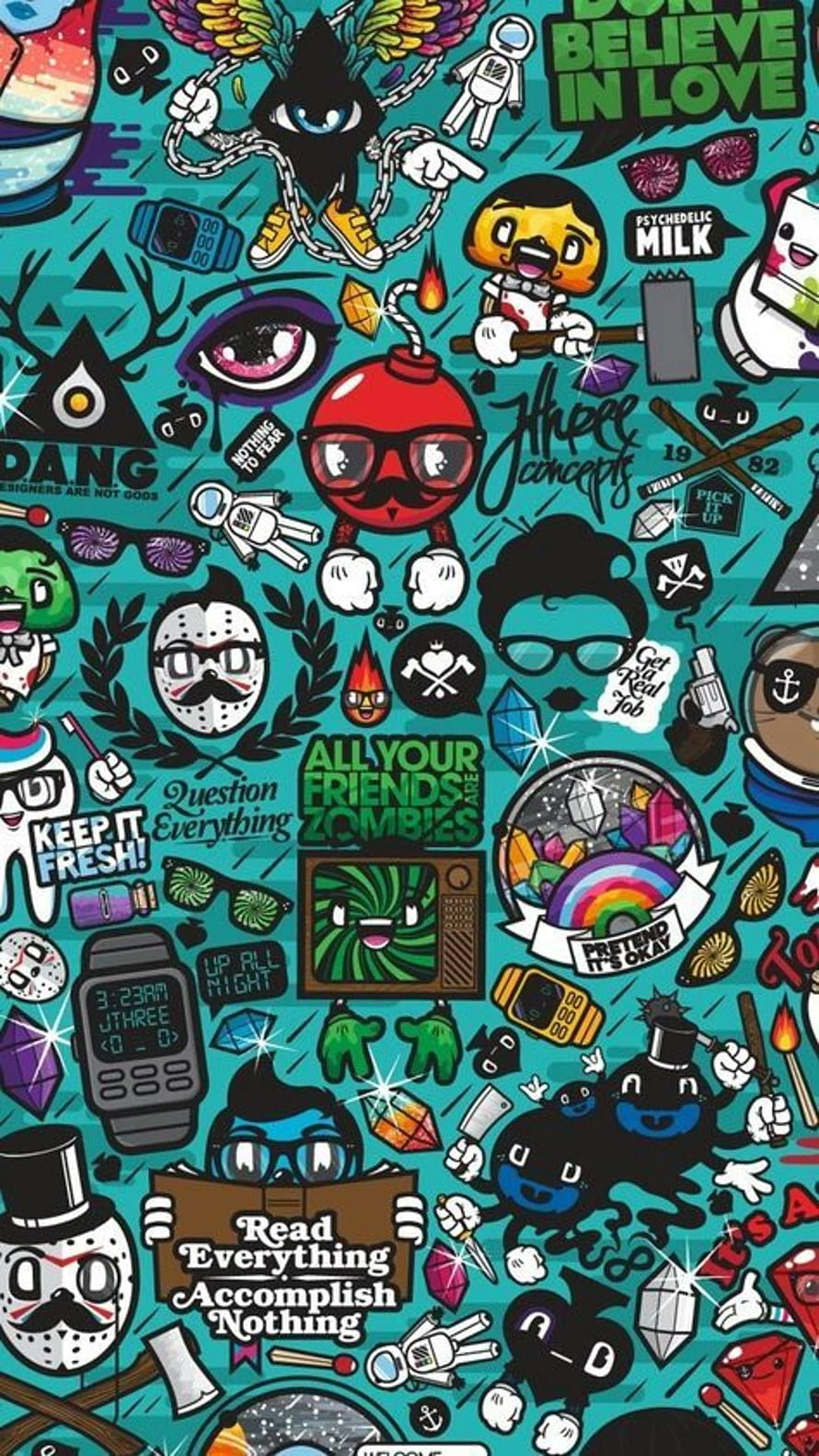 Colorful Doodle Art Wallpaper Featuring Cartoon Characters and Quirky Typography HD phone wallpaper