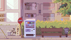Pixel Art Japanese Street Scene with Vending Machine and Apartment Balconies HD wallpaper