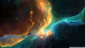 Vibrant Cosmic Nebula with Swirling Orange and Teal Gas Clouds in Deep Space HD wallpaper