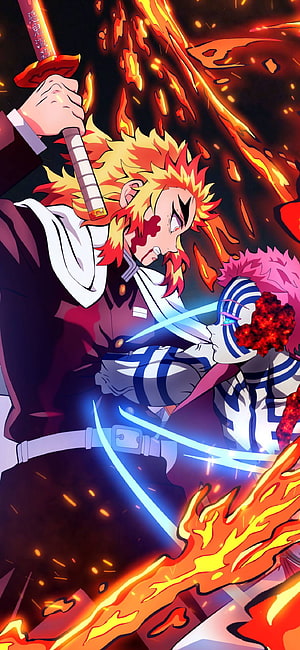 Kyojuro Rengoku and Akaza Clashing in a Fiery Battle from Demon Slayer HD phone wallpaper
