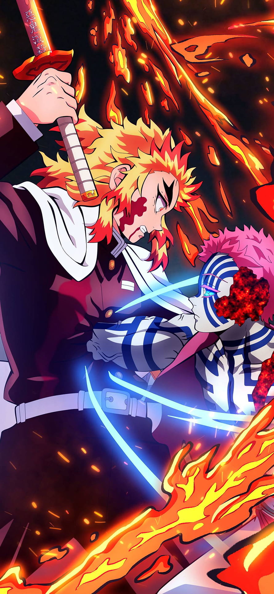 Kyojuro Rengoku and Akaza Clashing in a Fiery Battle from Demon Slayer HD phone wallpaper