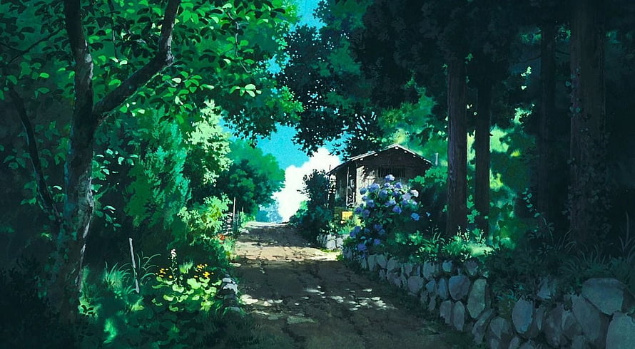 Studio Ghibli Countryside Pathway With Cottage And Hydrangeas From Only Yesterday HD wallpaper