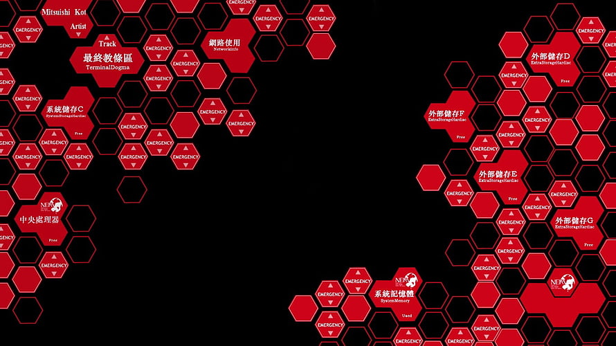 Evangelion NERV Terminal Interface with Red Hexagonal Grid and System Status Indicators HD wallpaper