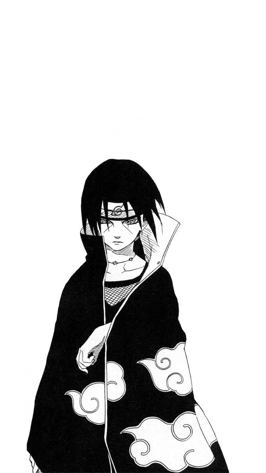 Itachi Uchiha in Akatsuki Cloak Black and White Anime Illustration HD phone wallpaper