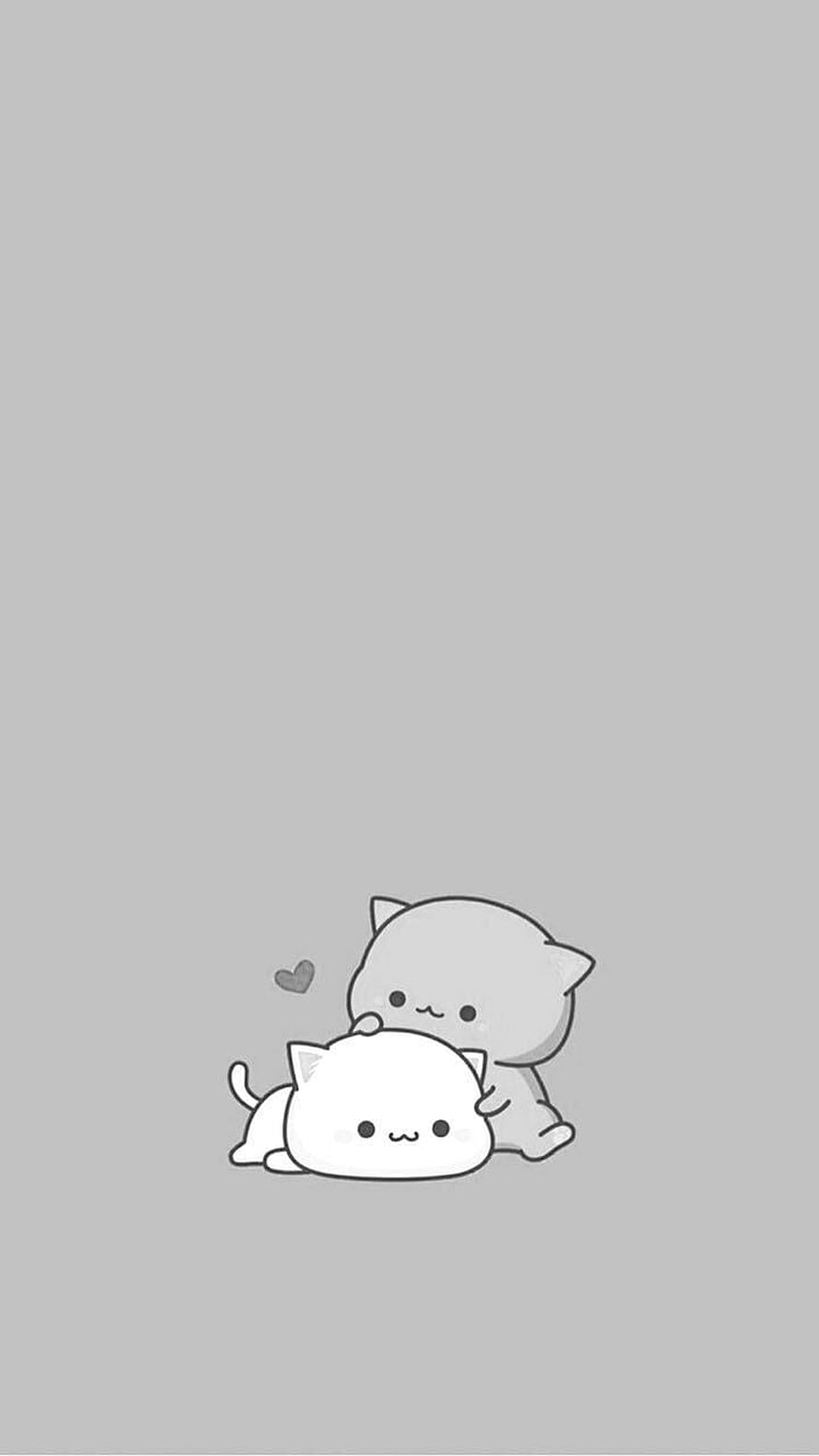 Cute Kawaii Cartoon Cats Hugging on Soft Gray Background HD phone wallpaper