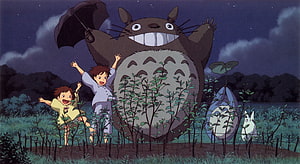 My Neighbor Totoro Night Garden Scene with Satsuki and Mei Under Starry Sky HD wallpaper