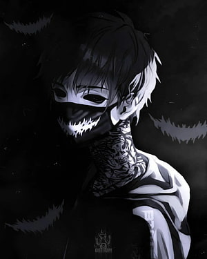 Dark Anime Character with Mask and Neck Tattoos in Monochrome Style HD phone wallpaper