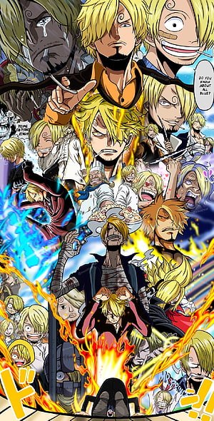 Sanji One Piece Manga Collage Wallpaper Featuring Multiple Character Scenes and Dynamic Action Poses HD phone wallpaper