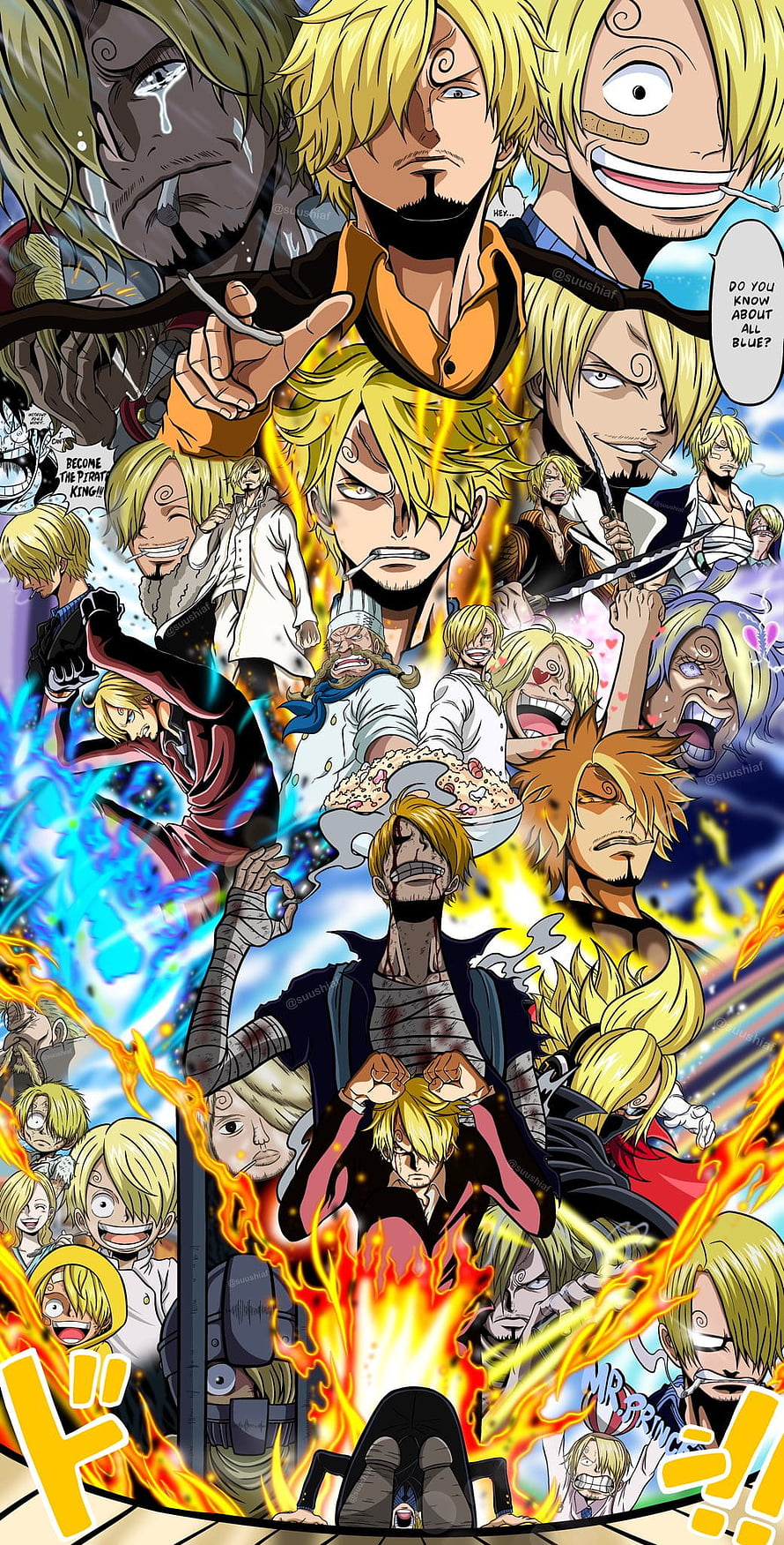 Sanji One Piece Manga Collage Wallpaper Featuring Multiple Character Scenes and Dynamic Action Poses HD phone wallpaper