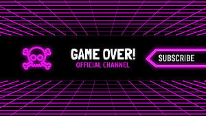 Retro Neon Game Over Banner with Skull and Subscribe Button on Black Grid Background HD wallpaper