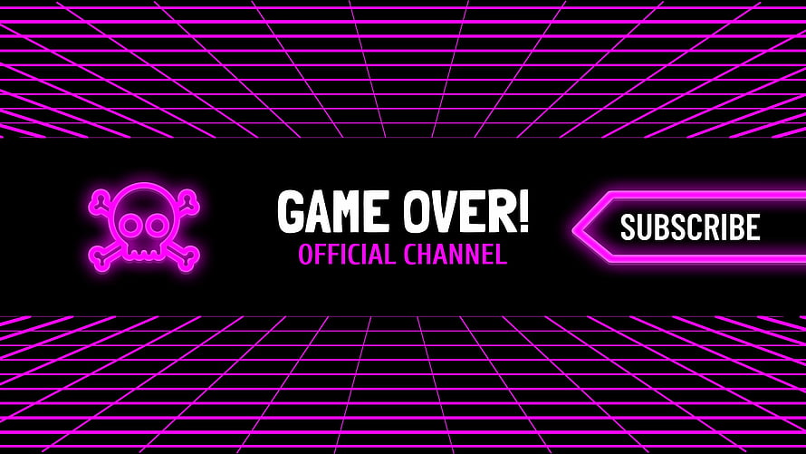 Retro Neon Game Over Banner with Skull and Subscribe Button on Black Grid Background HD wallpaper