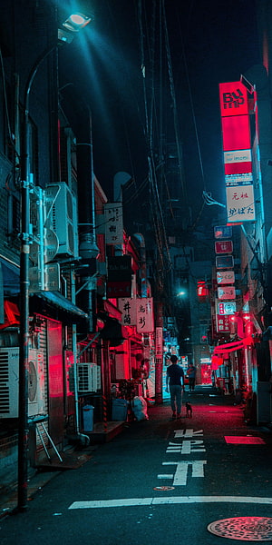 Neon-lit Japanese alleyway at night with a lone figure and dog walking through a cyberpunk cityscape HD phone wallpaper