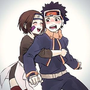 Rin Nohara and Obito Uchiha in a playful anime illustration HD wallpaper