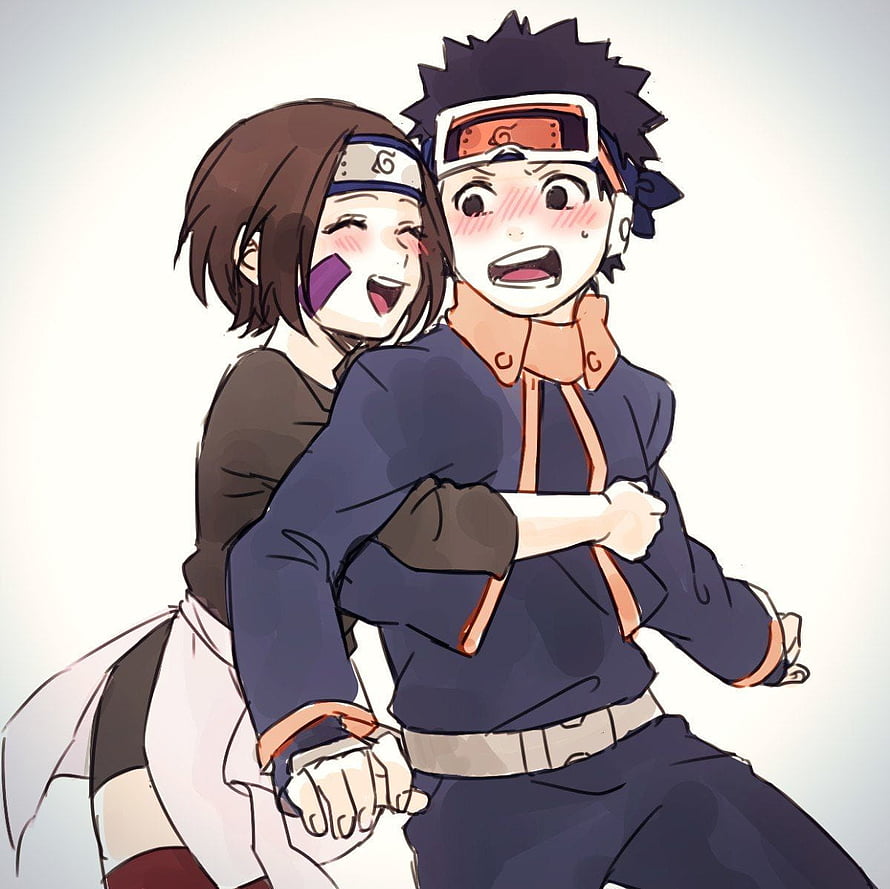 Rin Nohara and Obito Uchiha in a playful anime illustration HD wallpaper