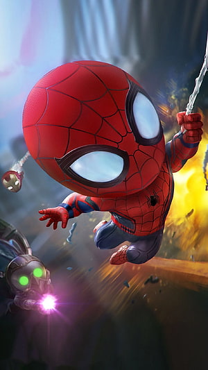 Chibi Spider-Man Swinging Through Explosive Marvel Battle Scene HD phone wallpaper
