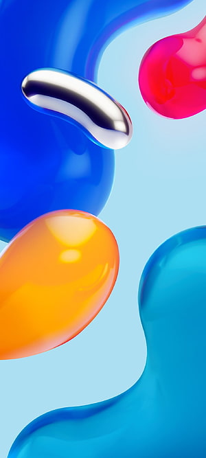 Vibrant 3D Abstract Shapes with Glossy Metallic and Translucent Orbs on Light Blue Background HD phone wallpaper