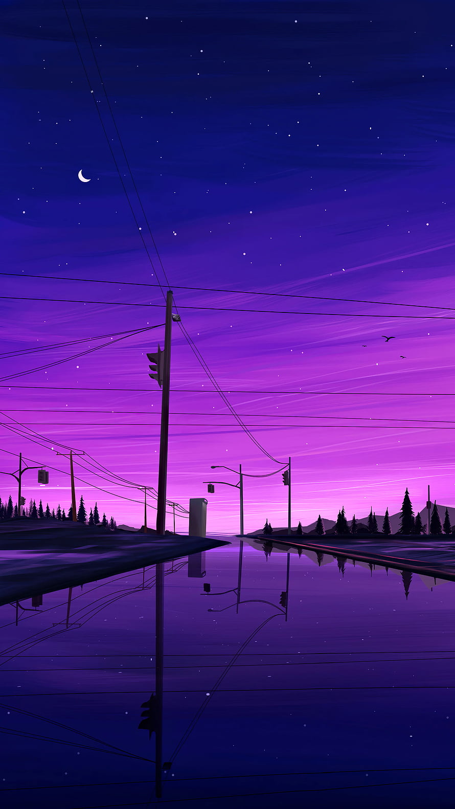 Purple Night Sky Over Flooded Road With Power Lines And Crescent Moon HD phone wallpaper
