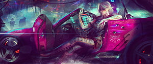 Ciri in Cyberpunk 2077 Style Leaning Against Neon Pink Sports Car in Rainy Night City HD wallpaper