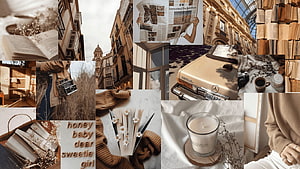 Warm Brown and Beige Aesthetic Collage Featuring Vintage Cars, Books, and Cozy Interiors HD wallpaper