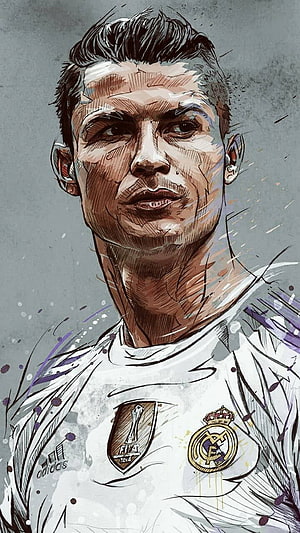 Cristiano Ronaldo Real Madrid Portrait in Digital Sketch Style with Watercolor Splatter Effects HD phone wallpaper